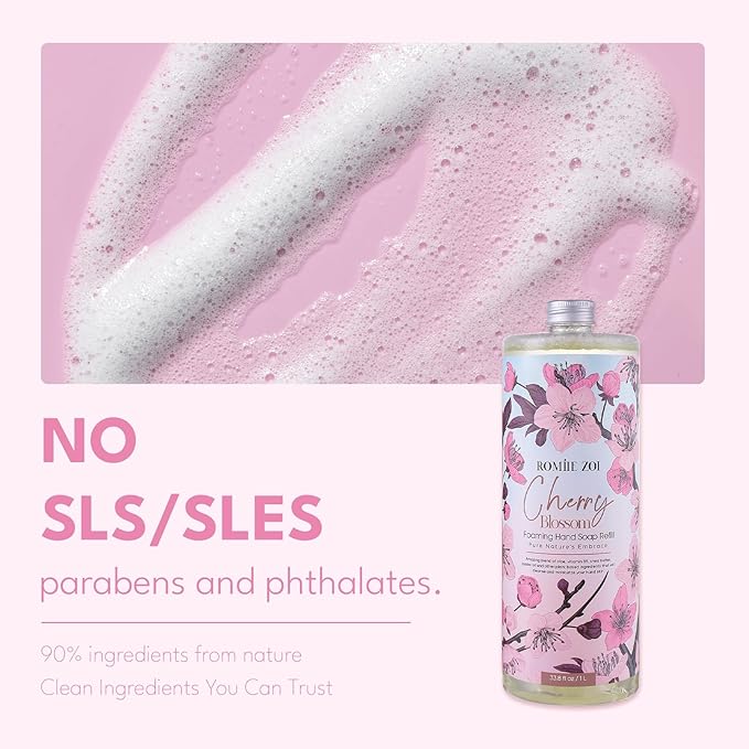 Cherry Blossom Foaming Hand Soap Refill Gift Set – 3 Pack*33.8 Fl Oz with Refillable Dispenser, Refreshing Floral Scent, Moisturizing & Chemical-Free for Bathroom, Kitchen, Sensitive Skin