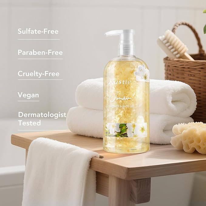 Kustie Jasmine Body Wash Deep Moisturizing Shower Gel with 640 Real Petals, Hyaluronic Acid, Niacinamide & Squalane, Rich Lather, Long-Lasting Natural Scent for Dry & Sensitive Skin, 24.3 fl oz
