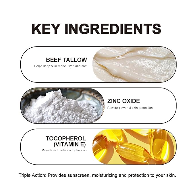 Beef Tallow and Zinc Sun Balm - Beef Tallow for Skin Instant Sun Protection, Beef Tallow Sunscreen for Face and Body Non Greasy Formula, Beef Tallow Moisturizer Daily Use for Deep Moisturizing 2 Oz