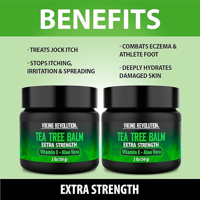 Viking Revolution Tea Tree Oil Cream - Super Balm Athletes Foot Cream - for Eczema, Jock Itch, Ringworm, Nail Treatment - Soothing Skin Moisturizer for Itchy, Scaly, Cracked Skin, 2 Ounce (Pack of 2)