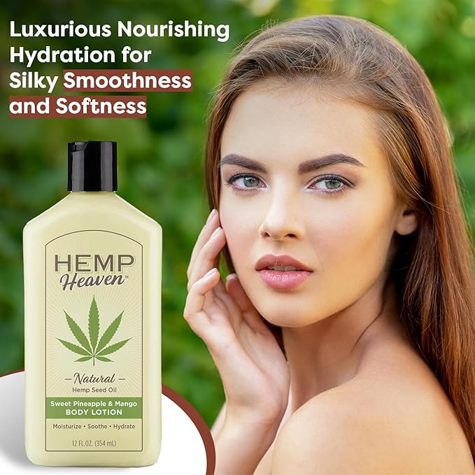 Hemp Heaven Lotion - Moisturizing Body Lotion with Natural Hemp Seed Oil & Pineapple & Mango Scent, 12 oz, Paraben-Free Hemp Lotion for Women & Men, Made in USA, Soothes & Nourishes