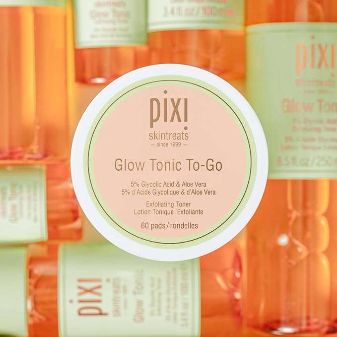 Pixi Glow Tonic to-Go | Gentle and Balancing Exfoliating Toner | Glycolic Acid Pads for Radiant Skin and Daily Brightening | Alcohol-Free Formula Face Exfoliator | 60 Pads