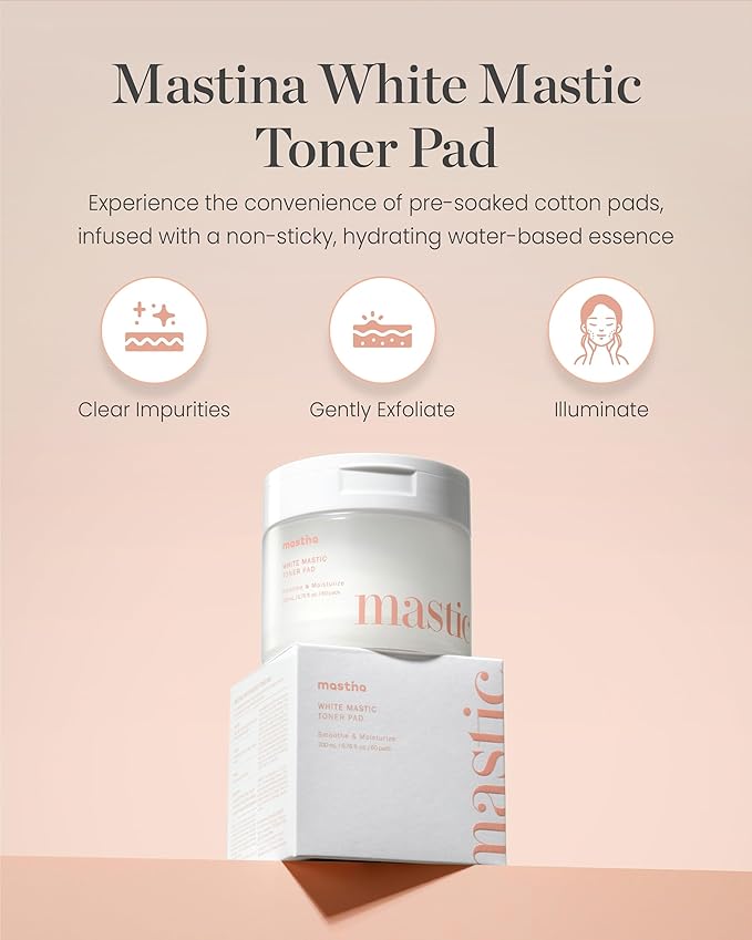 MASTINA White Mastic Toner Pad (60 Count) 100% Vegan Cotton Rounds. Improve Skin Texture & Remove Residual Impurities