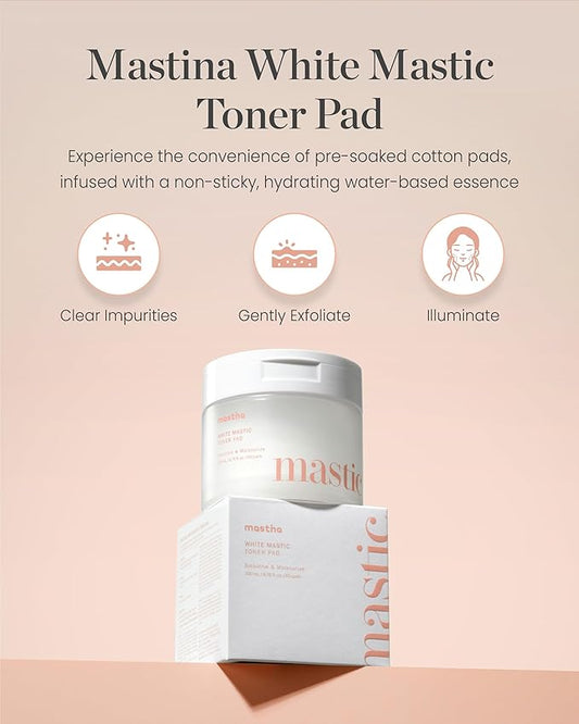 MASTINA White Mastic Toner Pad (60 Count) 100% Vegan Cotton Rounds. Improve Skin Texture & Remove Residual Impurities