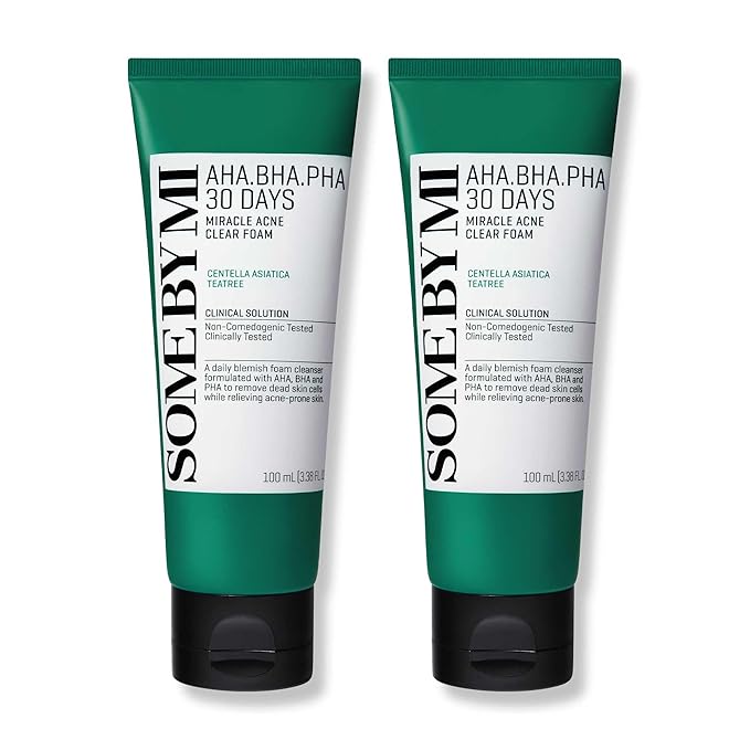 SOME BY MI AHA BHA PHA 30 Days Miracle Acne Clear Foam – Pack of 2 – Korean Acne Face Wash for Smooth & Clear Skin – Salicylic Acid Cleanser for Exfoliation & Sebum Control – Korean Skin Care