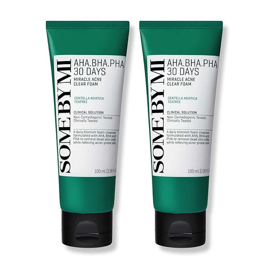 SOME BY MI AHA BHA PHA 30 Days Miracle Acne Clear Foam – Pack of 2 – Korean Acne Face Wash for Smooth & Clear Skin – Salicylic Acid Cleanser for Exfoliation & Sebum Control – Korean Skin Care