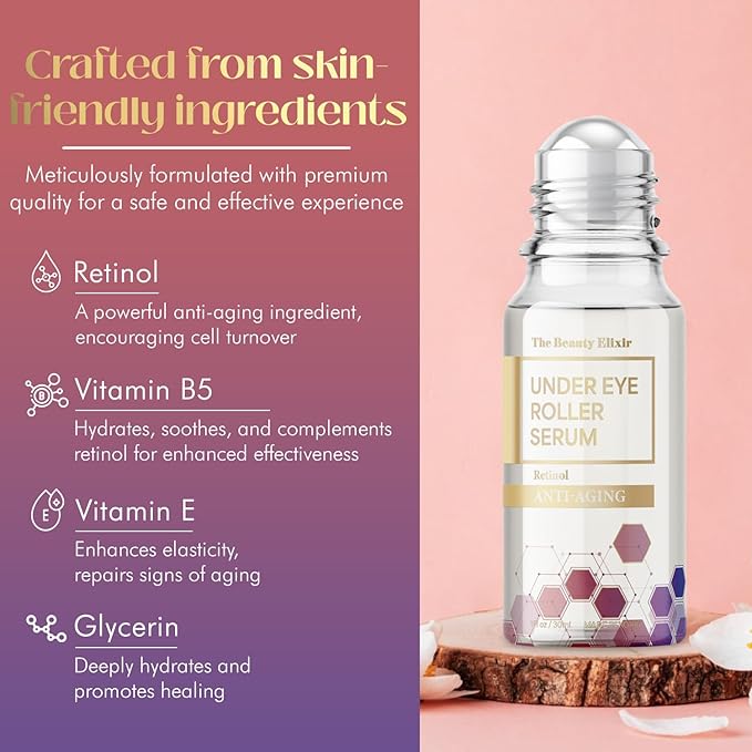 Retinol Eye Roller For Puffy Eyes & Dark Circles - Brightens Under Eyes - Crow's Feet Treatment - Dermatologist Tested, Natural Clean Beauty - Korean Skin Care - For All Skin Types