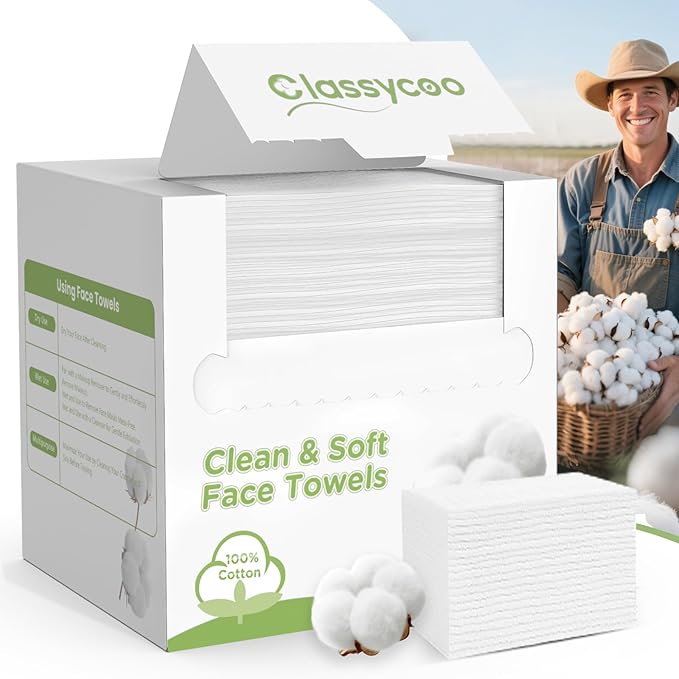 Classycoo XL Disposable Face Towel, 100% Cotton Ultra-Soft for Sensitive-Skin Facial Wipes Cleansing Towels, Odor-Free, Makeup Remover Cloths for Travel, Home Hand Dry Wipe(50 Count)