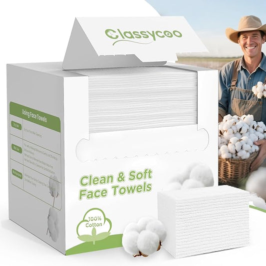 Classycoo XL Disposable Face Towel, 100% Cotton Ultra-Soft for Sensitive-Skin Facial Wipes Cleansing Towels, Odor-Free, Makeup Remover Cloths for Travel, Home Hand Dry Wipe(50 Count)