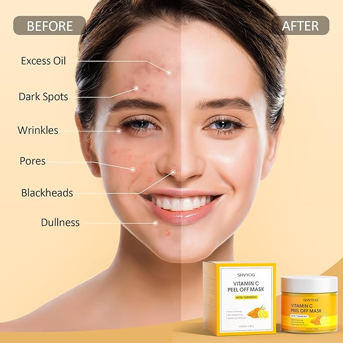 SHVYOG Vitamin C Peel Off Face Mask, Peel Off Mask with Turmeric, Blackhead Remover & Deep Cleansing Face Peel Mask, Vitamin C Exfoliating Face Mask for Blackheads, Large Pores, Dirts, Oil