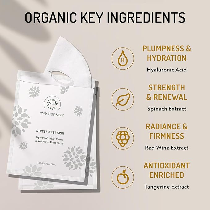 Eve Hansen Collagen Face Mask Sheets Set of 5 – Hydrating & Nourishing Care for All Skin Types – With Hyaluronic Acid, Tangerine Peel, Blueberry Extract & Spinach Leaf