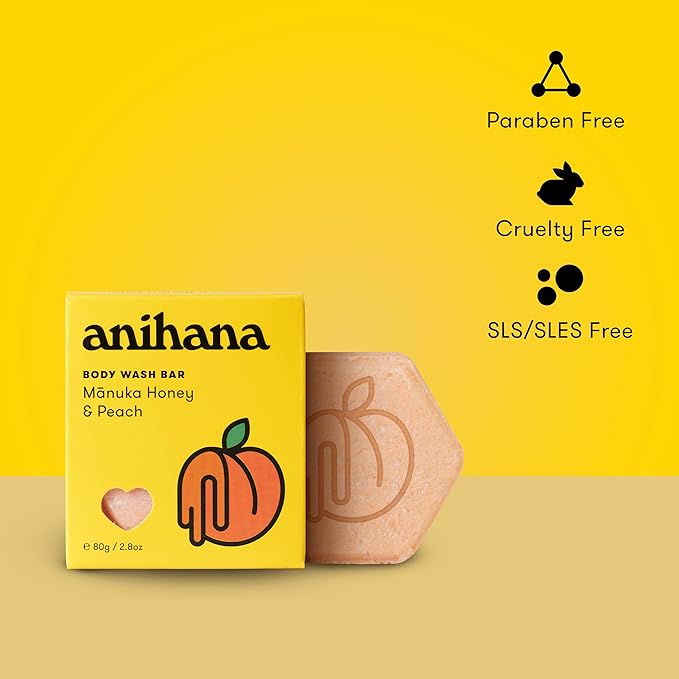 ANIHANA Body Wash Bar with Coconut Oil, Soap Free, Moisturizing, Gentle, Soft Skin Care, Refreshing Manuka Honey & Peach Scent 2.8 Oz