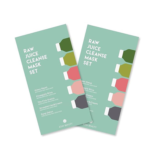 ESW Beauty Raw Juice Face Masks - 10-Pack Skincare Set - Hydrating, Anti-Aging, Moisture Repair, Pore Control, Soothing & Revitalizing with Watermelon, Kale & Charcoal