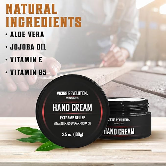 Viking Revolution Men's Hand Cream - Repair Cream for Dry, Cracked Hands - Aloe Vera Treatment with Vitamin E (3.5oz)