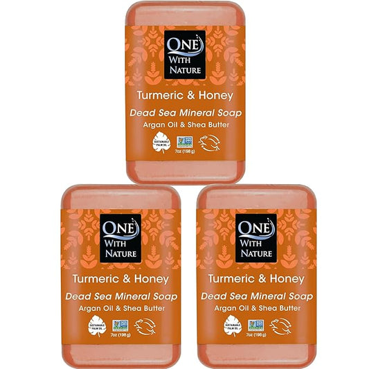 One With Nature Dead Sea Salt Turmeric Soap 7oz 3-Pack – Purifying and Exfoliating Soap Bar with Dead Sea Minerals and Honey for Face & Body, for Men & Women