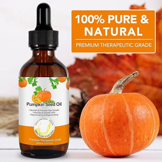 Pumpkin Seed Oil for Hair Growth 2.02 fl.oz, 100% Natural Pure Cold Pressed Pumpkin Oil for Face, Dry Damaged Hair Growth, Moisturizing Scalp Nourishment Strengthen Hair Thickness for Skin and Body