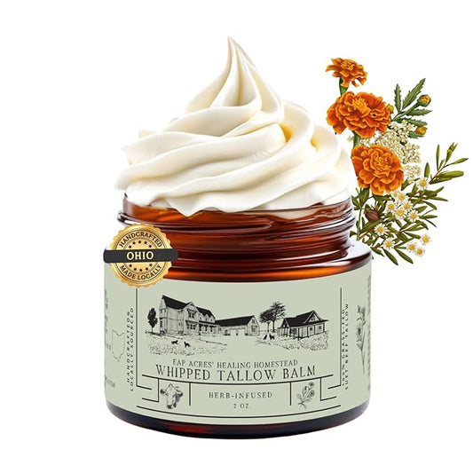 100% Grass-Fed Whipped Tallow Balm & Organic Jojoba Oil infused with Organic Calendule & Chamomile: face & body moisturizer-dry, baby, sensitive skin/eczema, psoriasis (HERB-INFUSED)