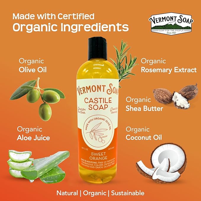 Vermont Orange Castile Soap, Gentle Liquid Soap for Sensitive Skin & Natural Body Wash, Organic Hair Shampoo for Oily Hair, Aloe Castile Soap for Men & Women - 16 Oz