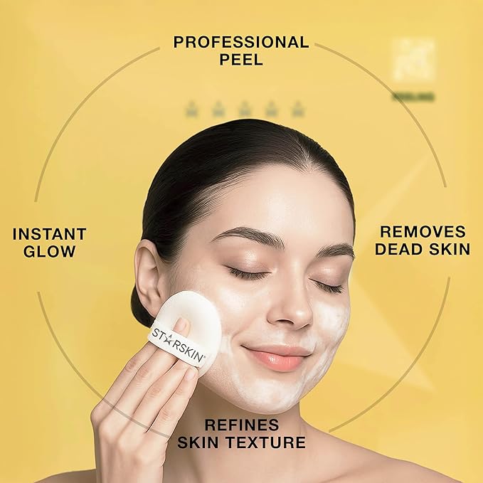 STARSKIN Glowstar, Facial Radiance Pads with Lactic and Glycolic Acid, AHA Exfoliant infused with Vitamin C Serum, Face Peeling Puff, Optimal for Soft Scrub, K Beauty Skincare