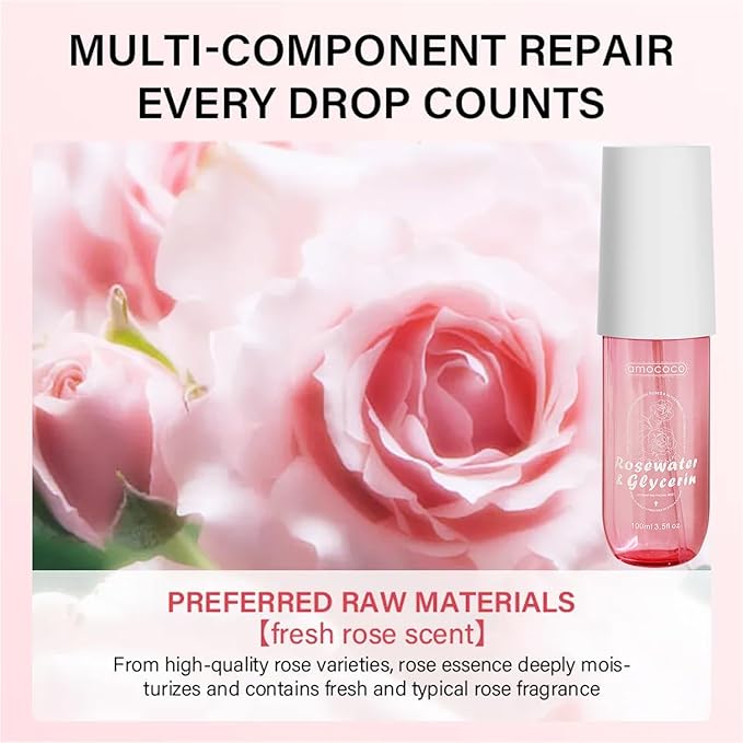 Rosewater Facial Mist 3.5fl oz, Hydrating Toner with Hyaluronic Acid & Damask Rose Oil, Purified Water, Glycerin, for All Skin Types, Sensitive Skin