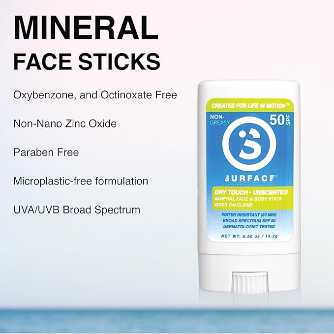 Surface Mineral Face Sunscreen Stick, Dry Touch SPF 50, Broad Spectrum UVA UVB Sun Protection for Kids and Adults, Travel Friendly, Water Resistant for 80 Minutes, Fragrance Free, 0.5oz