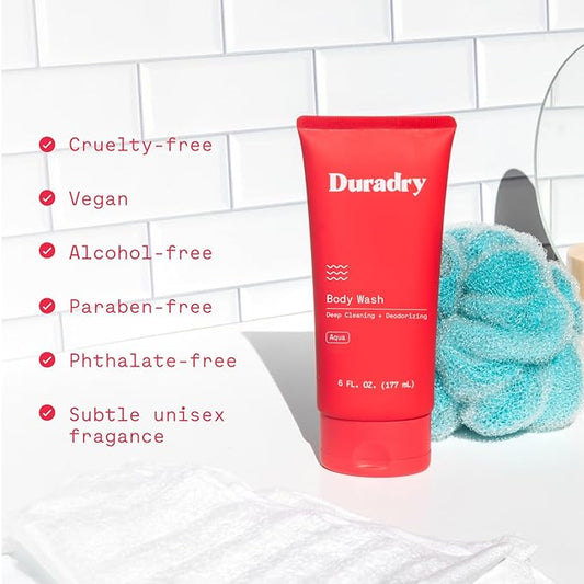 Duradry Deodorizing Body Wash for Women and Men – Odor Control, Deep Cleansing, Nourishes and Moisturizes Skin, Made with Natural Ingredients – Aqua Fragrance, Travel Size – 2.5 Fl Oz (Pack of 2)