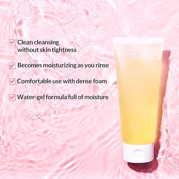 Whamisa Organic Flowers Foaming Cleansing Gel, Foaming Face Wash, Postbiotic-Rich Formula for Gentle Wash, Pore Care, Fermented, Hydrating (150ml)