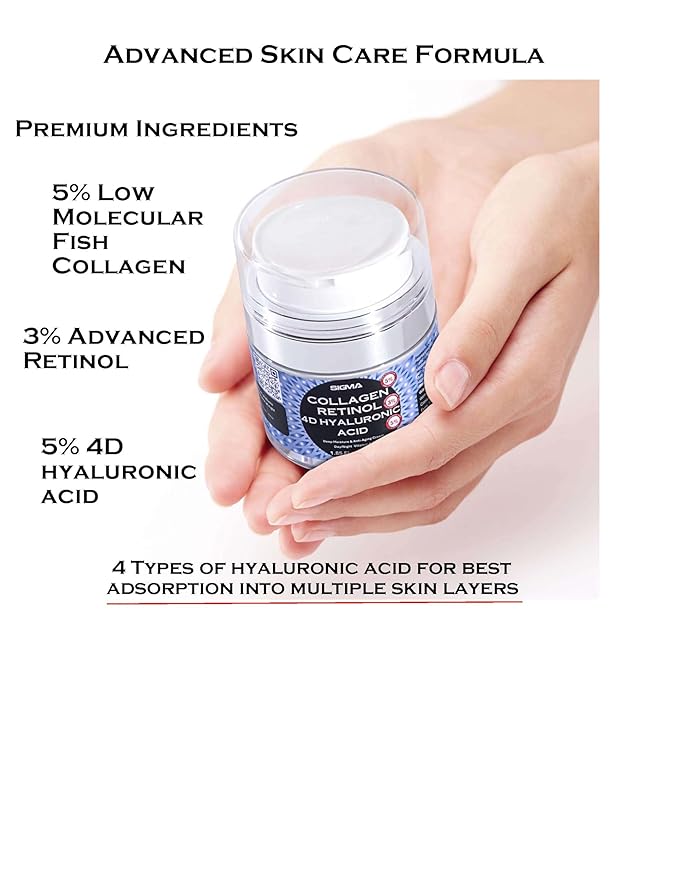 Anti-Aging Face Cream | $6.47/oz | 5% Marine Collagen 3% Retinol 5% 4D Hyaluronic Acid | Wrinkle Firming Moisturizer for Face Neck | Professional Strength | Jumbo 3.7oz | 1 Finger Cream Dispenser