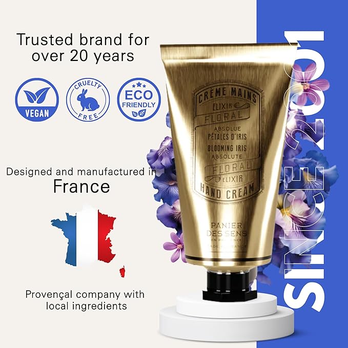 Panier des Sens - Hand Cream for Dry Cracked Hands - Blooming Iris Hand Lotion with Shea Butter & Olive Oil - Vitamin E Skin Moisturizer with 97% Natural Ingredients - Made in France, 2.5 fl oz