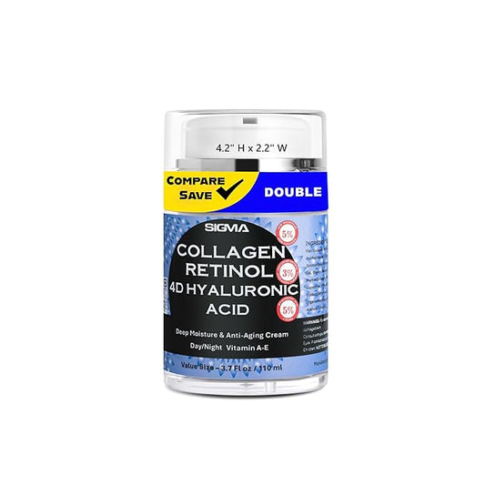 Anti-Aging Face Cream | $6.47/oz | 5% Marine Collagen 3% Retinol 5% 4D Hyaluronic Acid | Wrinkle Firming Moisturizer for Face Neck | Professional Strength | Jumbo 3.7oz | 1 Finger Cream Dispenser