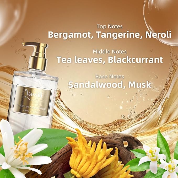 Vassili Fragrance Body Wash - Long-Lasting Aroma with Exotic Notes,Moisturizing & Gentle,For All Skin Types,Easy Rinse,12.3fl oz (Muskwood Whisper)