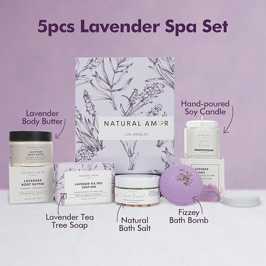 Natural Amor 5-Piece Lavender Spa Gift Set – Bath Bomb, Body Butter, Bar Soap, Bath Salt, Candle – Relaxing Self Care Kit for Women – Gift Box for Birthday, Thank You, Get Well
