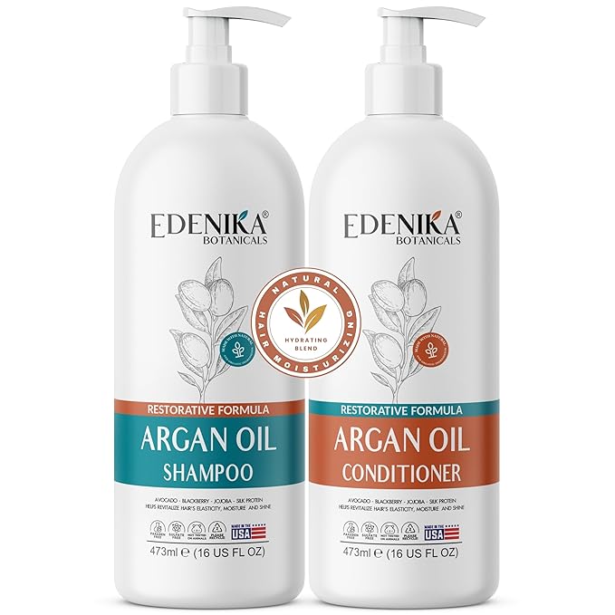 Argan Oil Shampoo and Conditioner Set with Biotin, Repairs Dry & Damaged Hair, Deeply Hydrating & Nourishing, Women & Men, Sulfate-Free, Organic, 16 fl oz Each