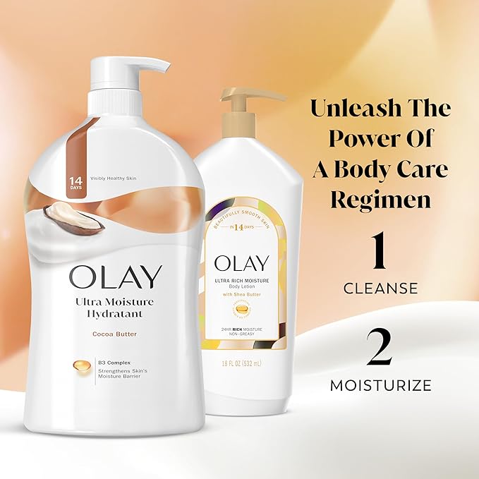 Olay Body Wash for Women, Ultra Moisture, 24hr Moisturizing, Hydrating & Refreshing, B3 Vitamin Complex, Free of Parabens & Phthalates, For All Skin Types, Cocoa Butter Scent, 33 fl oz