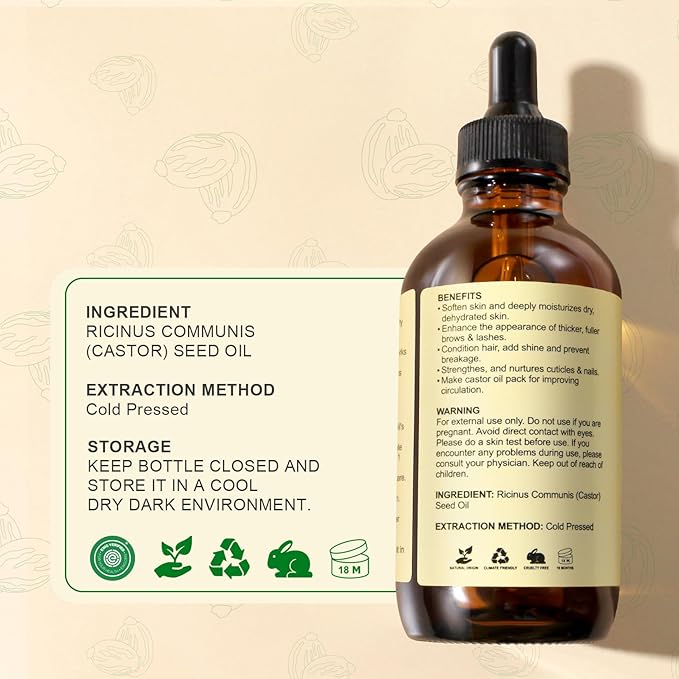 Castor Oil EWG Verified 4oz Glass Bottle - 100% Pure, Cold Pressed, Hexane Free, Virgin Caster Oils for Face, Eyelash, Eyebrow, Hair - with Lash Starter Kit & Empty Roller Ball Bottle