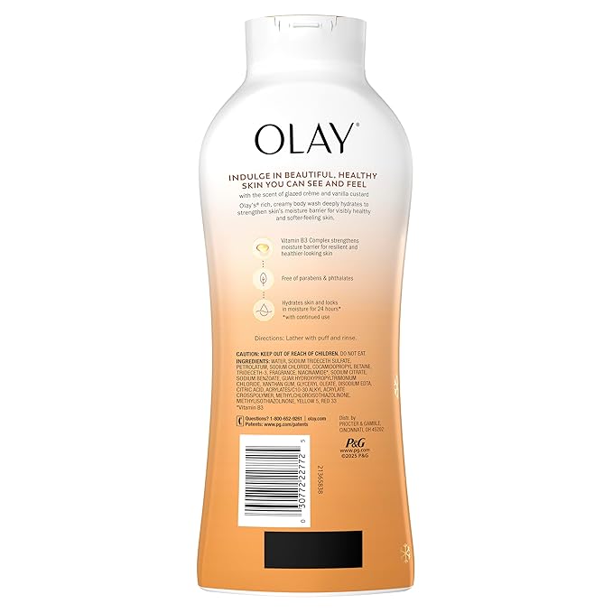 Olay Body Wash for Women, Hydrating & Moisturizing, Holiday Edition, With Plant Based Cleansers, B3 Complex, For All Skin Types, Spoonful of Sugar with Glazed Crème & Vanilla Custard Scent, 22 fl oz