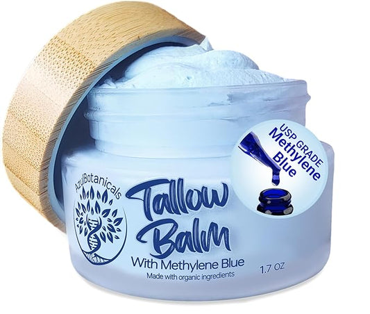 Methylene Blue Infused Whipped Grass Fed Beef Tallow Balm for Healthy Skin, Anti-Aging, Fullbody Moisturizer, Stretchmarks, Rosacea, Psoriasis, Eczema, Acne, All skin types, Organic Ingredients 1.7oz