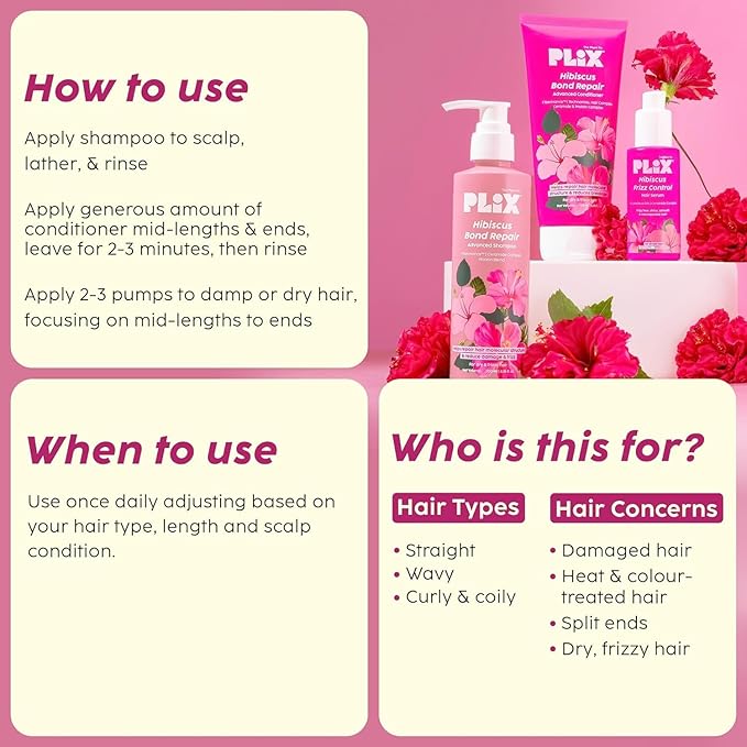 PLI.X - THE PLANT FIX Hibiscus Frizz Control Hair Serum 50ml + Bond Repair Shampoo 200ml + Conditioner 175ml | Protects & Smoothes Frizzy Hair| 3x Strength with Fiberhance