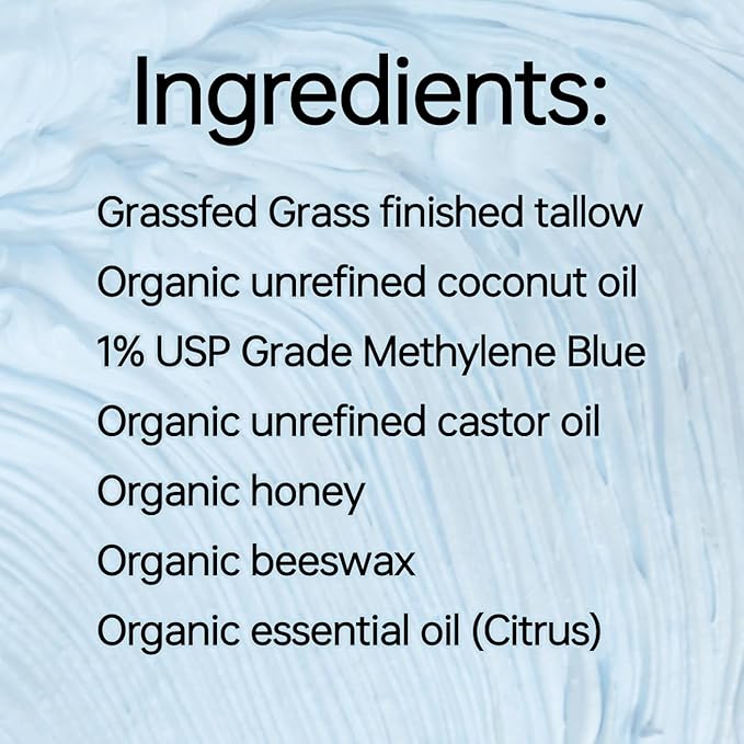 Methylene Blue Infused Whipped Grass Fed Beef Tallow Balm for Healthy Skin, Anti-Aging, Fullbody Moisturizer, Stretchmarks, Rosacea, Psoriasis, Eczema, Acne, All skin types, Organic Ingredients 1.7oz