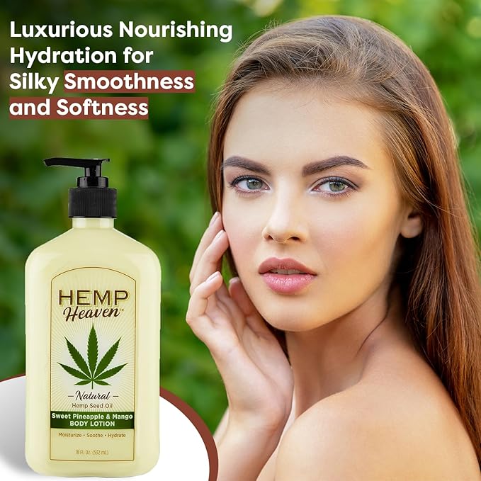 Hemp Heaven Lotion - Moisturizing Body Lotion with Natural Hemp Seed Oil & Pineapple & Mango Scent, 18 oz, Paraben-Free Hemp Lotion for Women & Men, Made in USA, Soothes & Nourishes