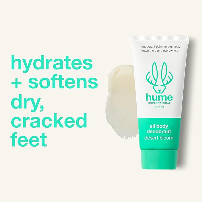 HUME SUPERNATURAL Foot Cream for Dry Cracked Heels and Feet – Moisturizing Heel Balm & Deodorizer for Smelly, Callused, or StinkyFeet – Natural Odor Control & Cracked Feet Treatment - Fragrance Free