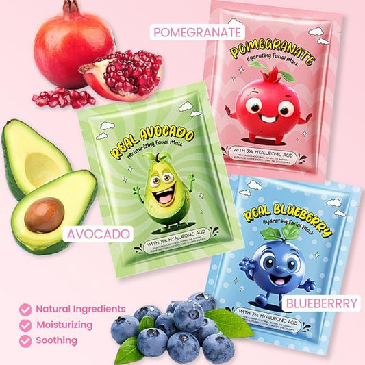 Kaely 6 Pack Fruit Face Masks for Kids, Kids Face Mask Spa Day Kit Supplies, Spa Party Favors for Teens Girls Women, Sheet Facial Mask Skincare Gifts Set, Moisturize Soothe for All Skin Types, 03
