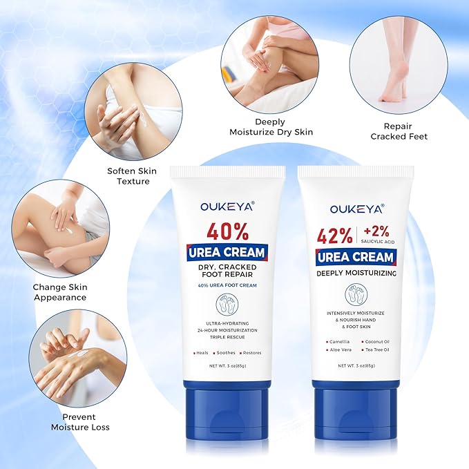 OUKEYA Urea Cream 40 Percent Tube 3 Oz, Foot & Hand Cream for Dry Cracked, 42 per Urea Lotion for Feet Maximum Strength, 85g, 2 Pack