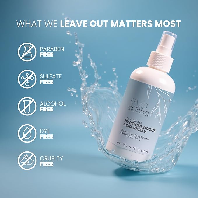 Hypochlorous Acid Spray for Face, Skin, and Body – HOCl Facial Mist Toner, Hydrating Cleanser for Acne, Eczema, Rosacea, Eyelids, Pets, Workout, Baby, Back, Redness, Sensitive Care Spray - 8 oz.