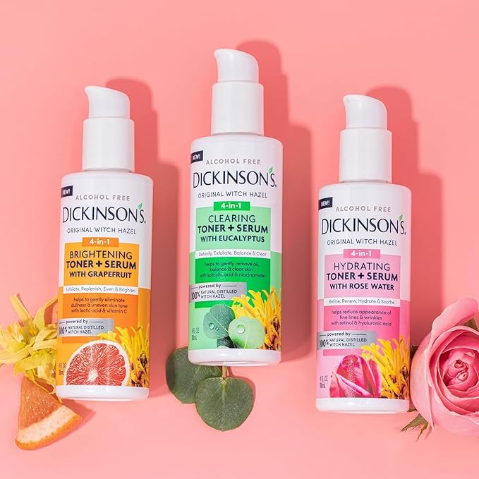 Dickinson's Original Witch Hazel Brightening Toner + Serum with Grapefruit | 100% Natural Distilled Witch Hazel | Alcohol-Free | Gently Exfoliates & Tones Skin | Refines Pores| 4 Fl Oz