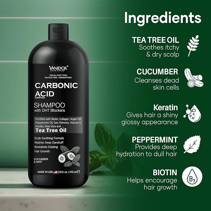 Carbonic Acid Shampoo for Men and Women with DHT Blockers - Made in USA - Stimulates Hair Growth, Scalp Exfoliator, Sulfate Free Shampoo with Biotin and Tea Tree Oil (16 Fl Oz)