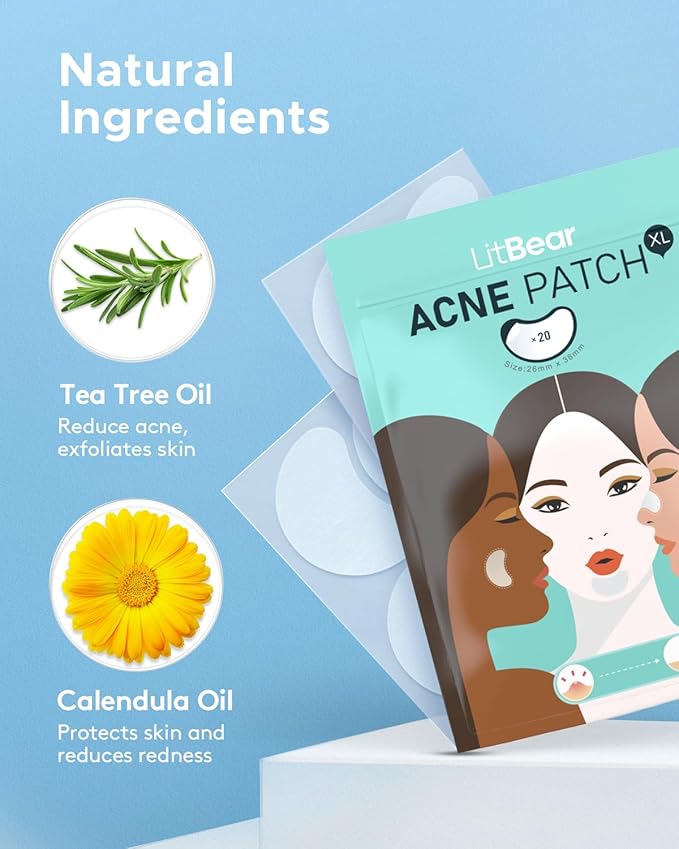 LitBear Acne Patches Large, Hydrocolloid Pimple Patches for Breakouts, Zit and Blemish, Large Acne Patches for Face, Chin, Back and Body with Tea Tree & Calendula Oil