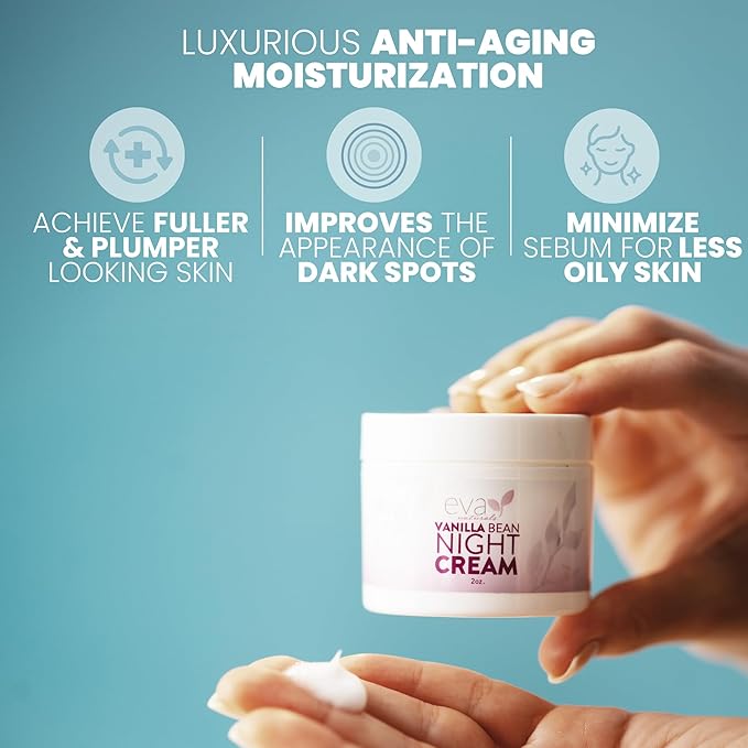Eva Naturals Vanilla Bean Night Cream – Overnight Face Moisturizer with Vitamin E, C, B Complex & CoQ10 – Anti-Aging Facial Lotion with Green Tea & Shiitake – Hydrating Cream for Renewed, Smooth Skin