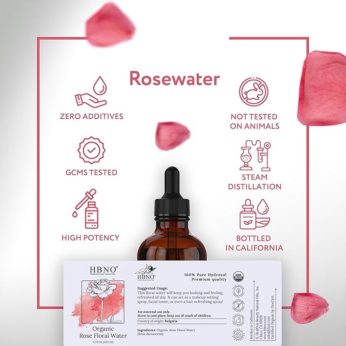 HBNO California Bottled Organic Rose Water for Face 4 fl oz (120ml) - USDA Certified Organic Rose Water Spray for Cleansing- Pure Rosewater for Hair - Rosewater Face Mist