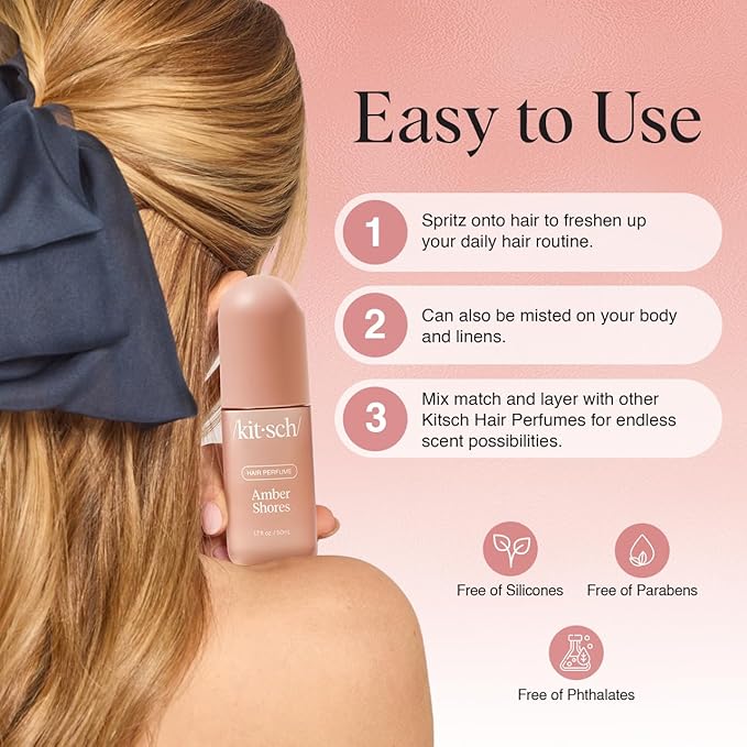 Kitsch Hair Perfume for Women - Amber Shores | Clean, Deodorizing & Patented Odor-Eliminating Technology Hair Spray & Body Mist - Freshen Hair, Body & Pillows - Woody Aquatic Scent - 50mL